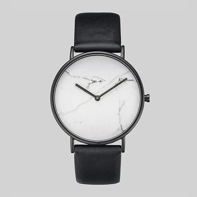 Black Leather Marble Womens Watch