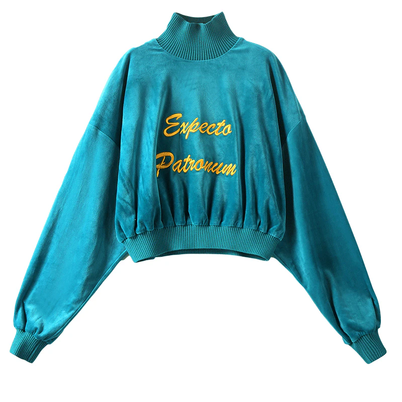 Embroidered Velvet Pullover Crop Sweater