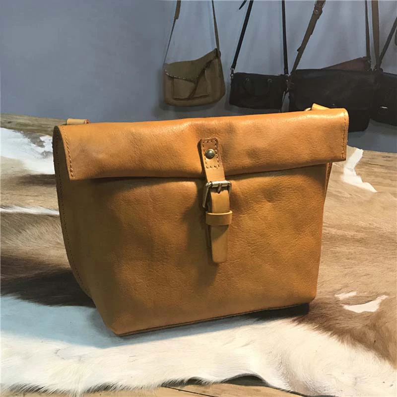 Tan Leather Roll Down Handbag