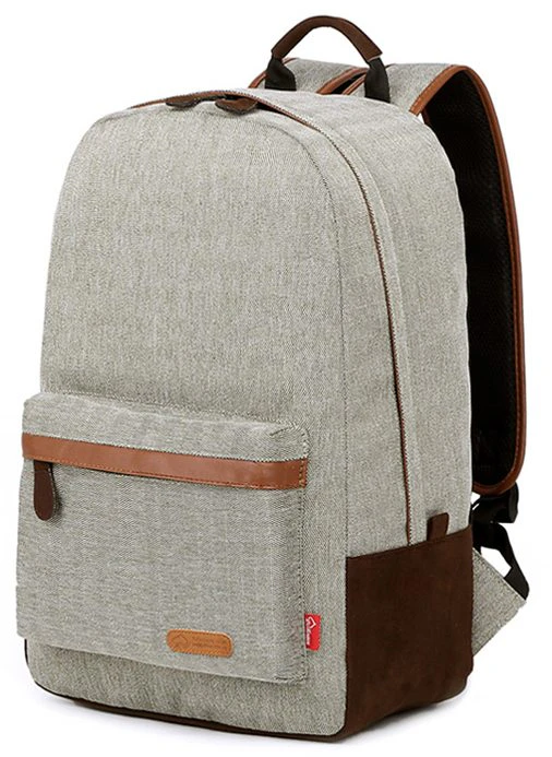 Leather Trim Canvas Backpack With Laptop Sleeve