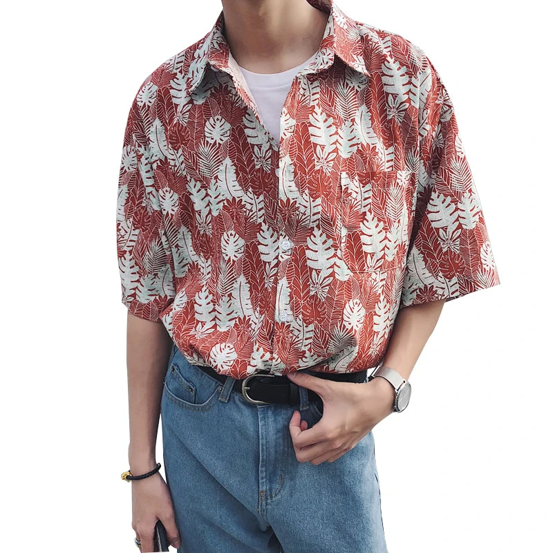 Leaf Print Short Sleeve Button Down