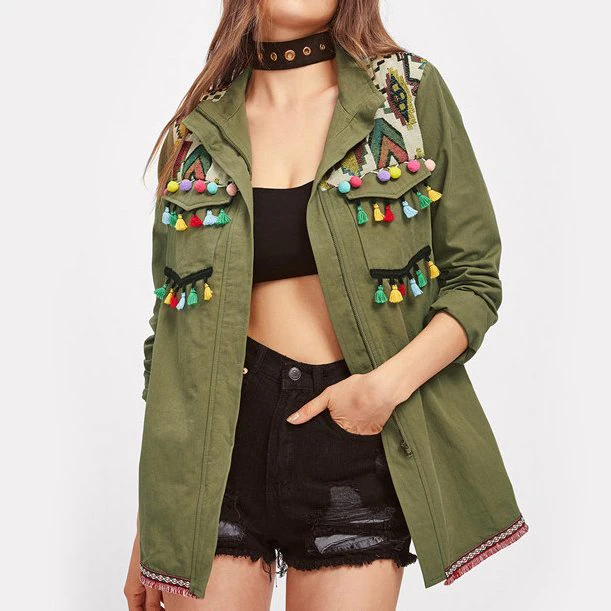 Embroidered Tassel Trim Utility Jacket