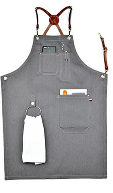 Gray Denim Barista Apron With Leather Strap