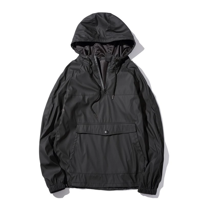Mens Black Leather Front Pocket Anorak