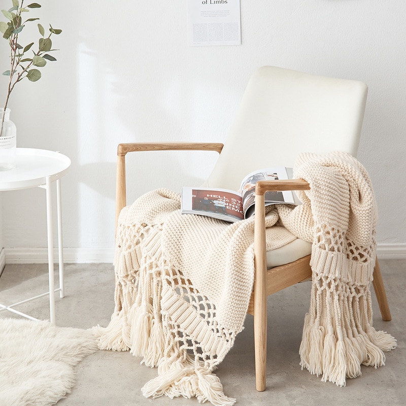 Hand Knitted Tassel Throw Blanket
