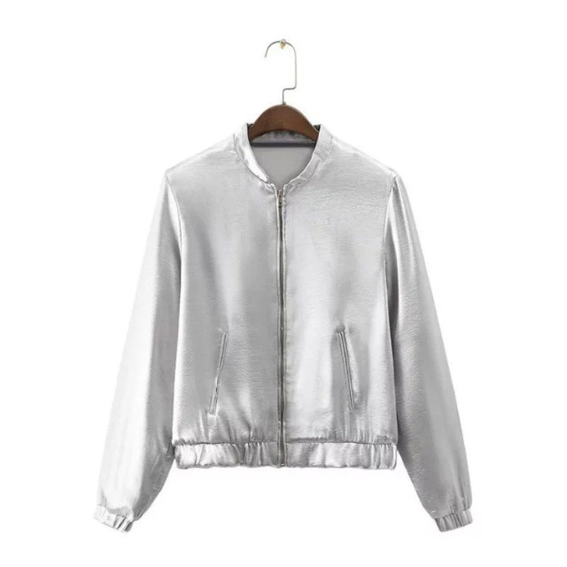 Silver Satin Bomber Jacket