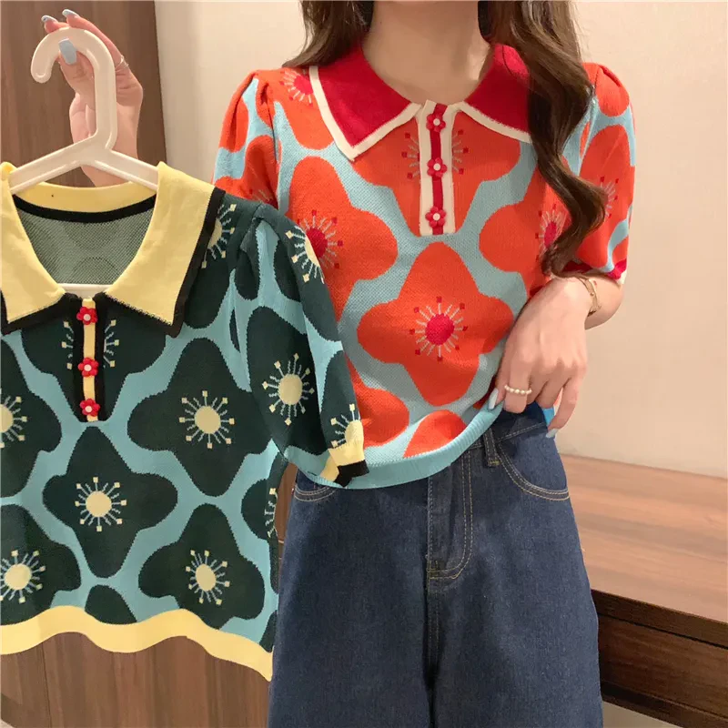 Floral Knit Button Down Polo