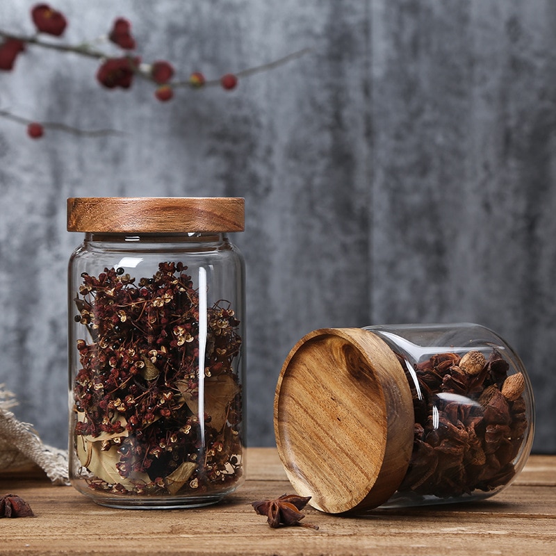Wood Lid Glass Storage Jar