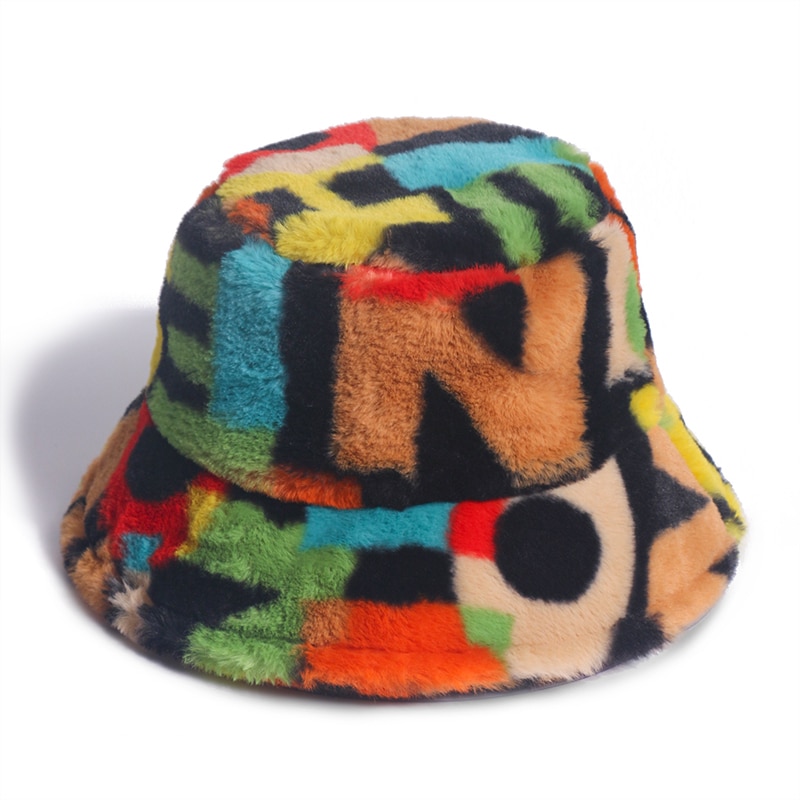 Rainbow Letter Faux Fur Bucket Hat