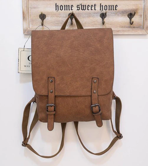 Womens Leather Buckle Down Backpack