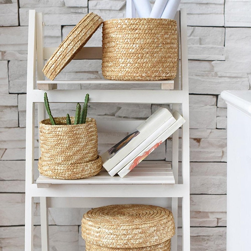 Straw Lidded Storage Basket Set
