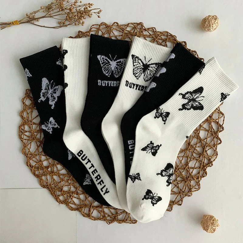 Black Butterfly Crew Socks
