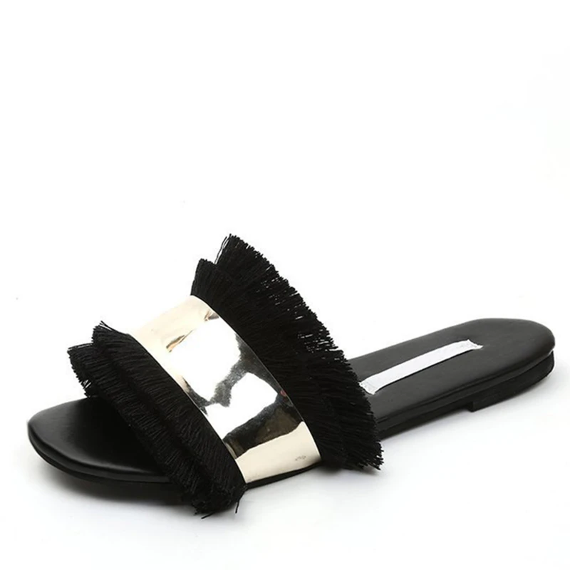 Womens Fringed Flat Slides