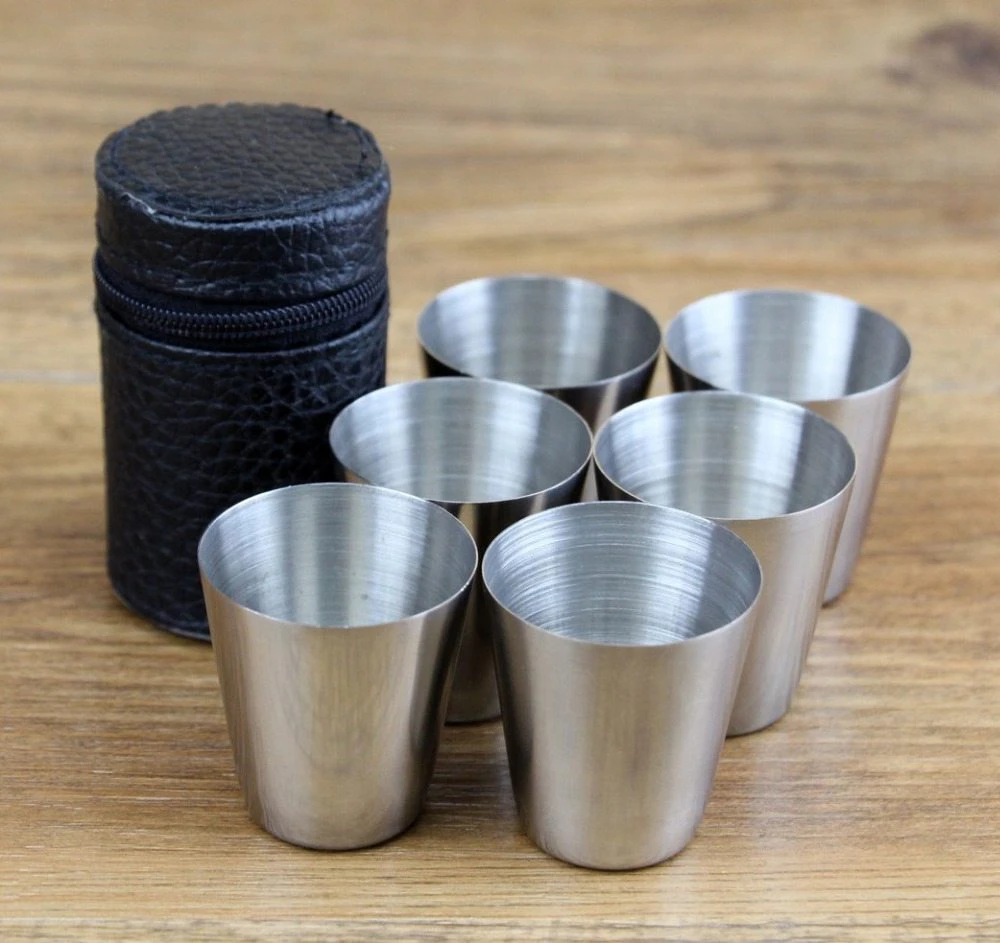 6 Piece Stainless Steel Shot Cups With Leather Case