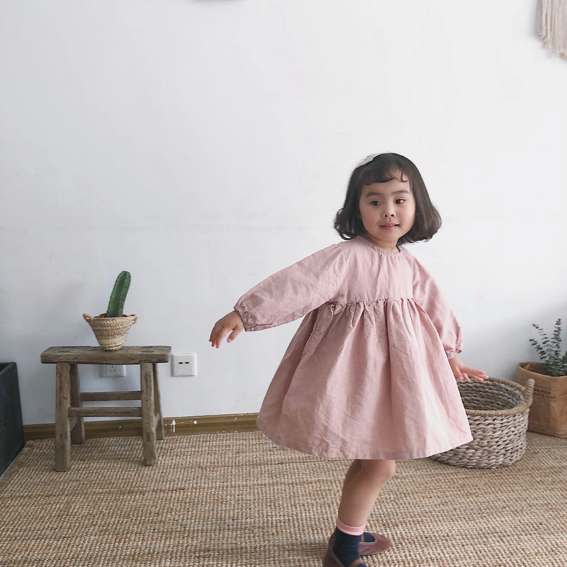 Long Sleeve Cotton Dress with Gathered Waist