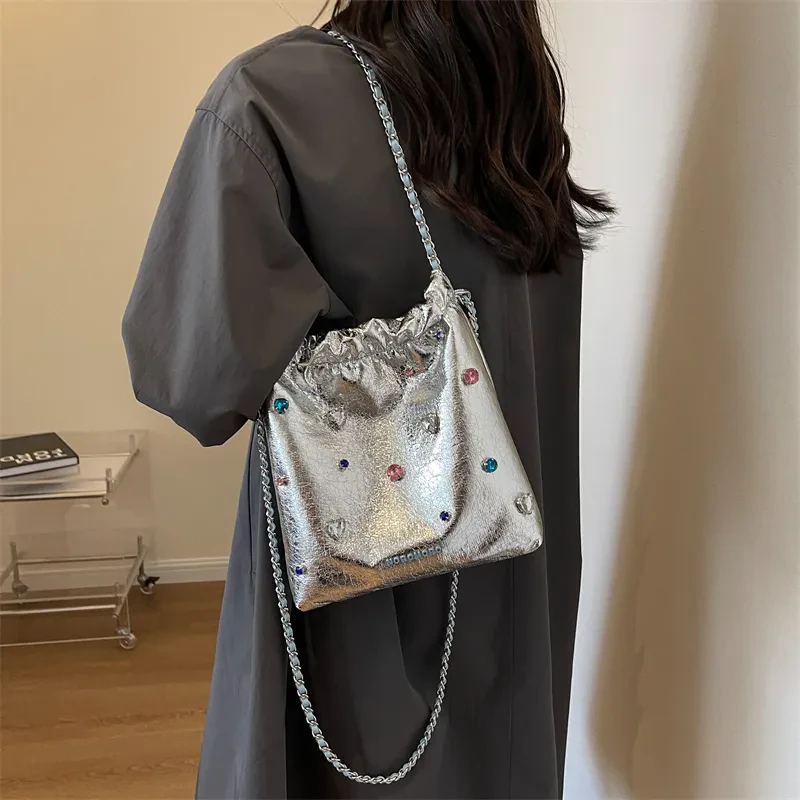 Silver Gemstone Bucket Bag