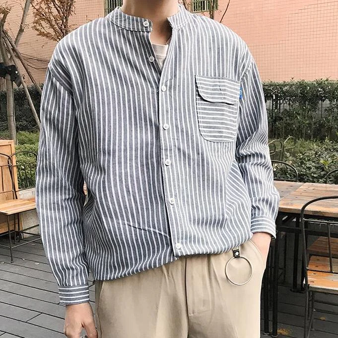 Mandarin Collar Striped Shirt