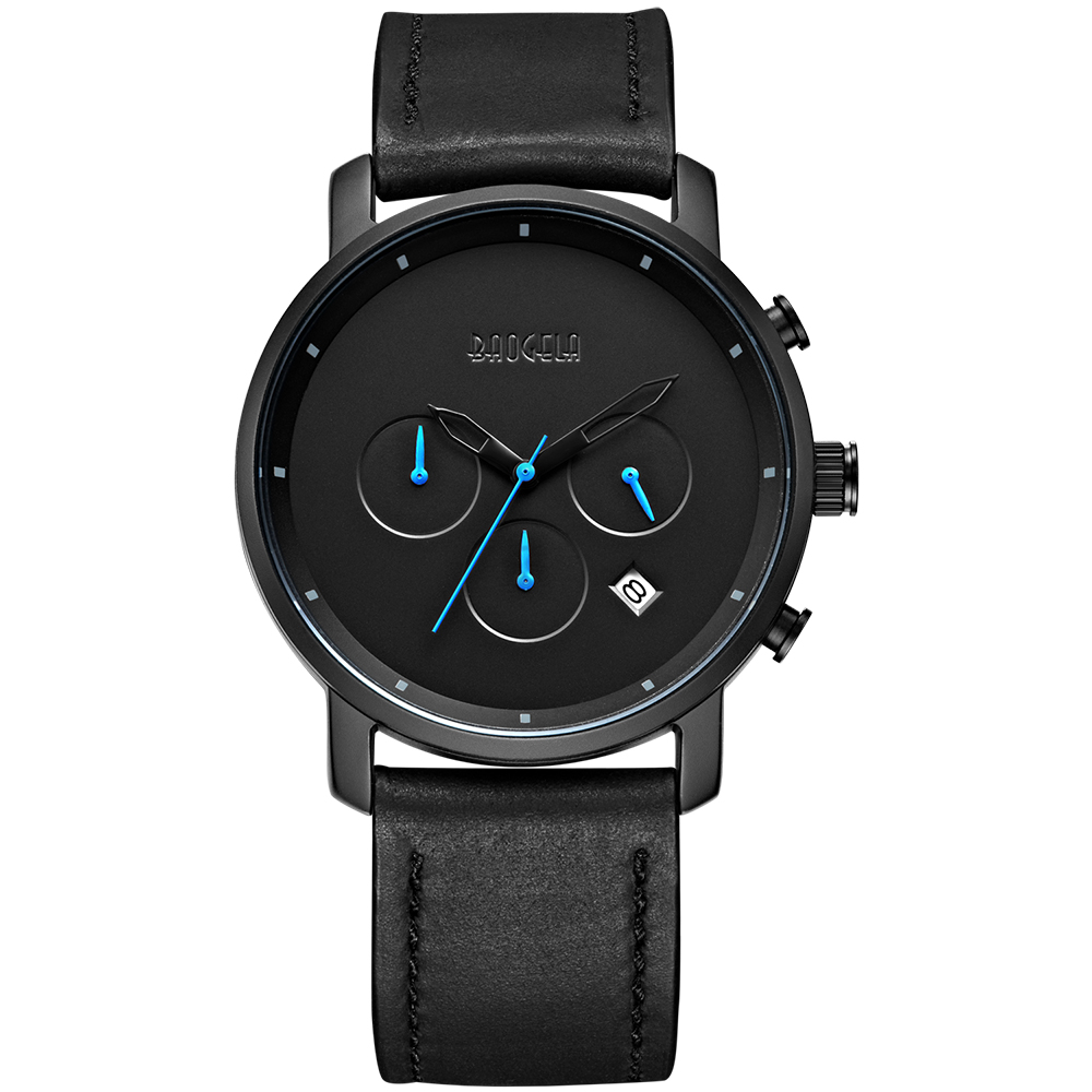 Mens Black Leather Chronograph Watch