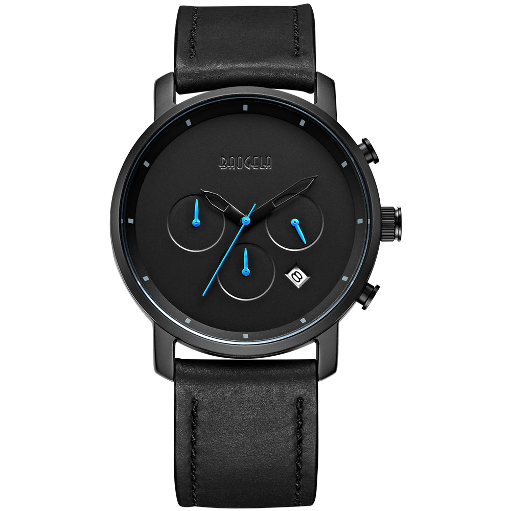 Mens Black Leather Chronograph Watch