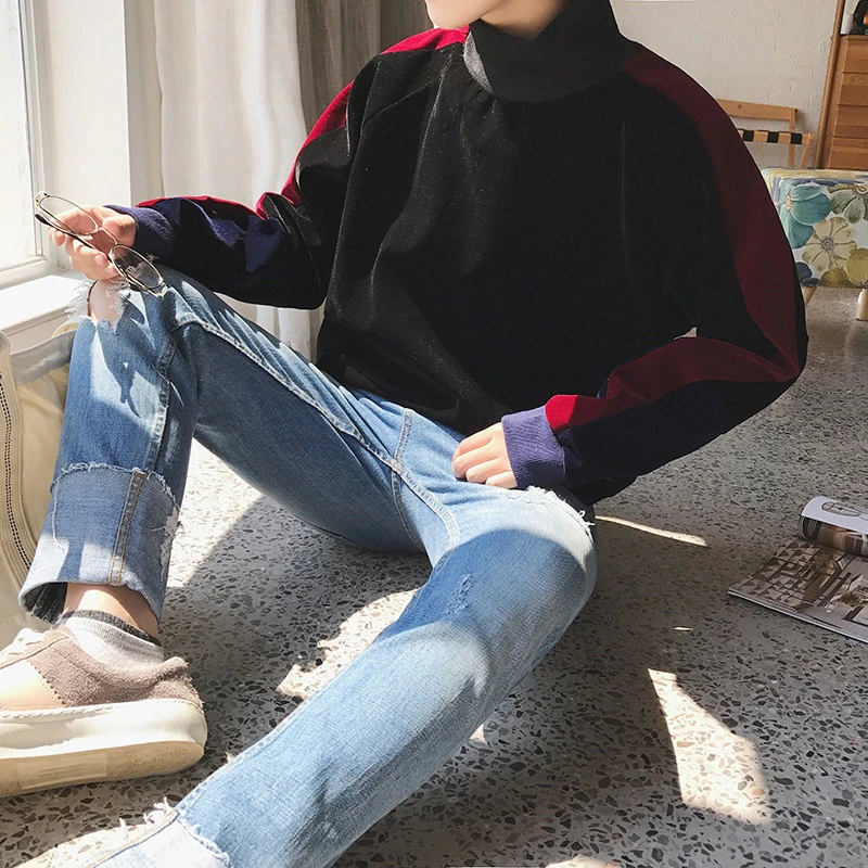 Turtleneck Suede Color Block Sweater
