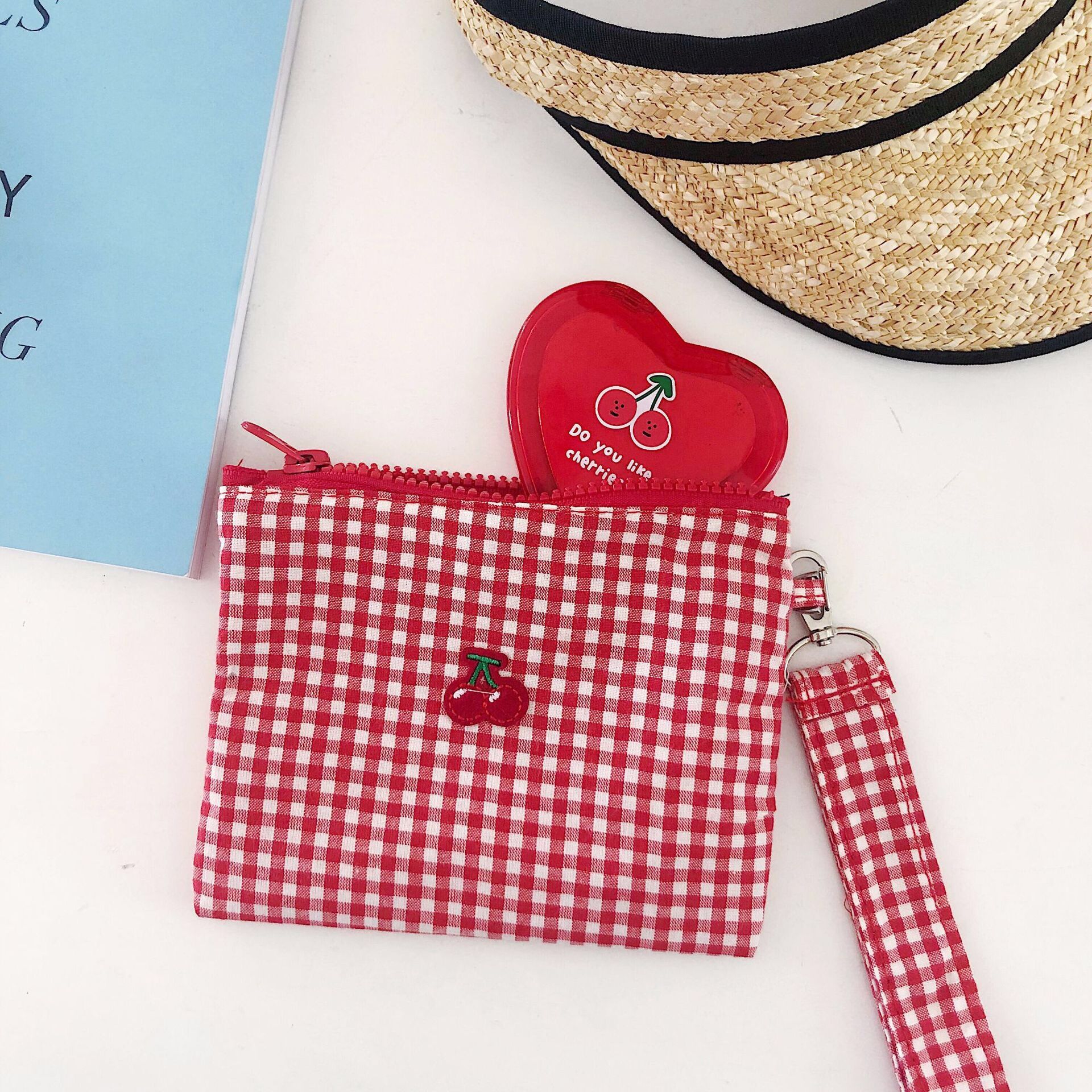 Gingham Embroidered Cherry Pouch