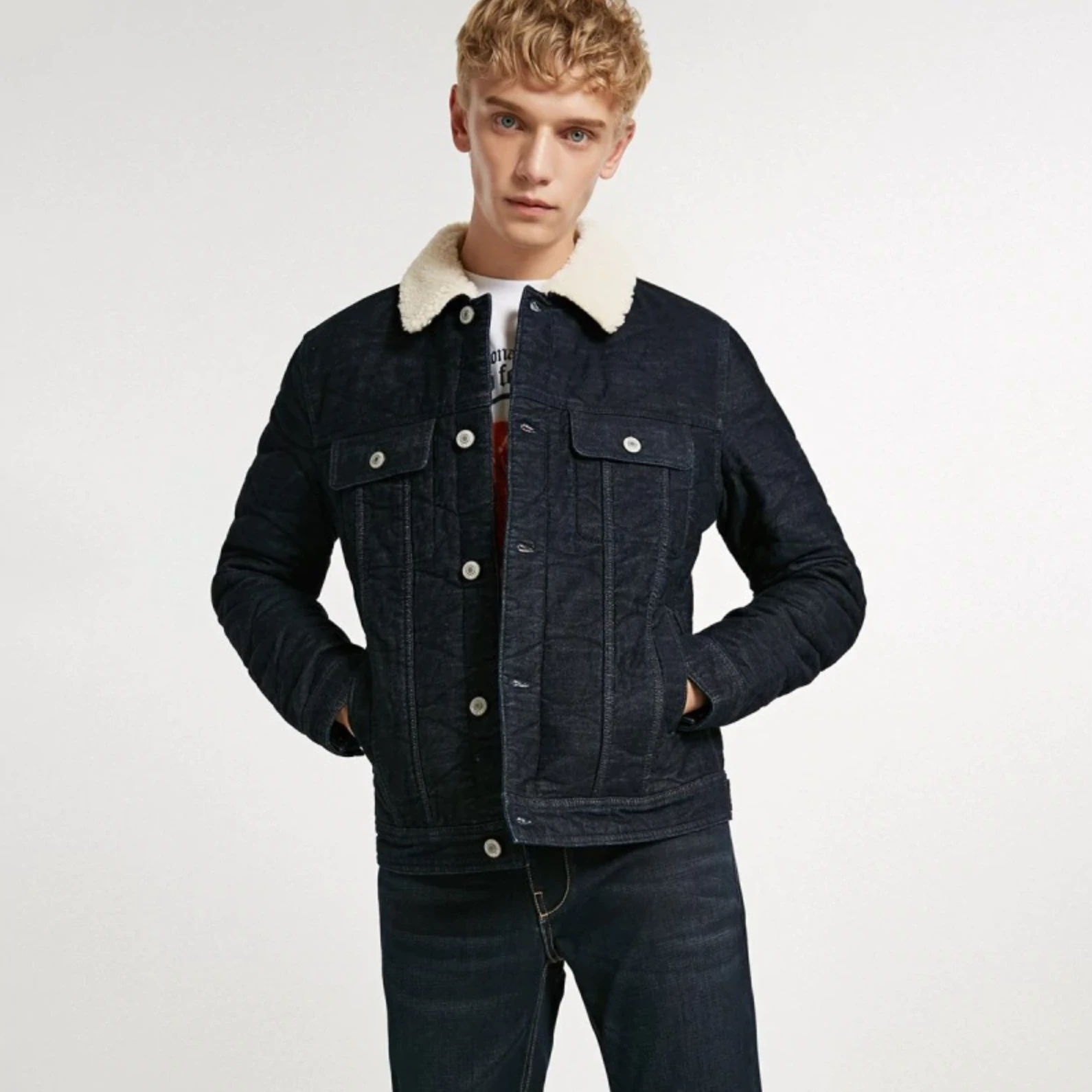 Sherpa Collar Dark Blue Denim Jacket