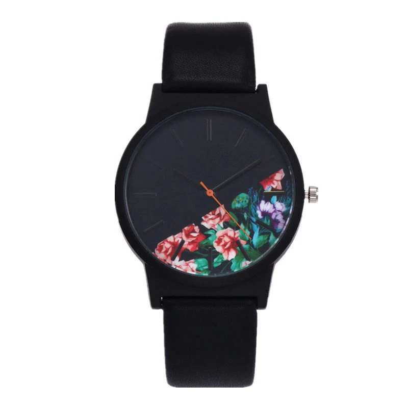 Floral Black Face Womens Watch