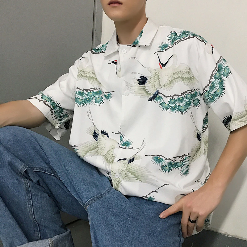Short Sleeve Crane Print Chiffon Shirt