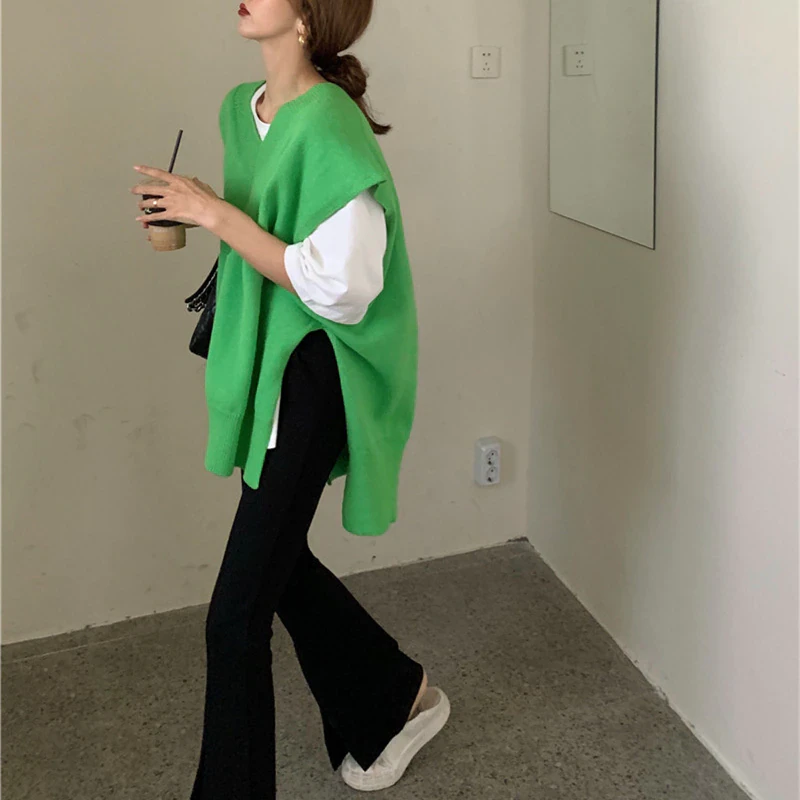 V-Neck Sweater Vest with Split Hem