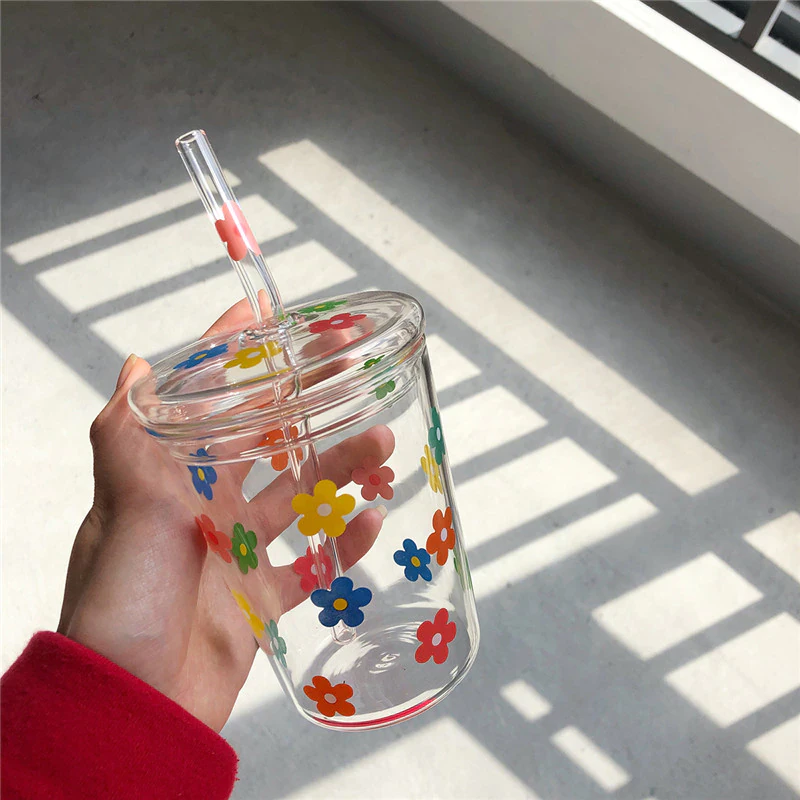 Glass Floral Straw Cup