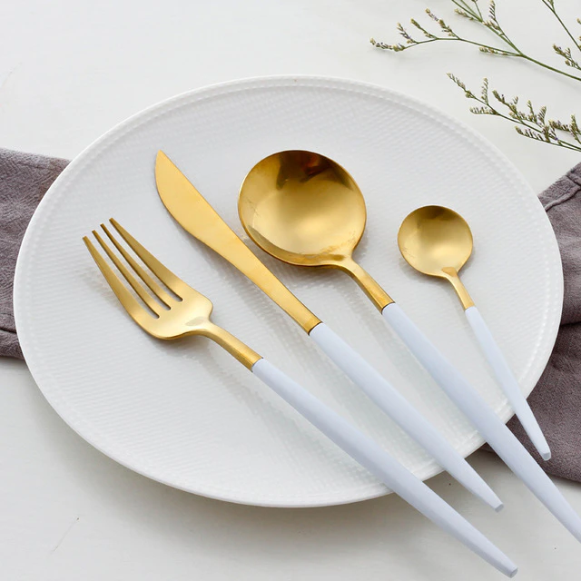 4 Piece White & Gold Flatware