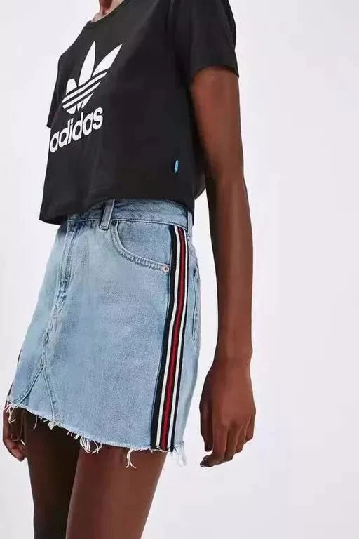Raw Hem Striped Denim Skirt