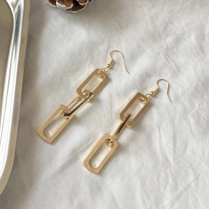 Rectangle Chain Gold Drop Earrings