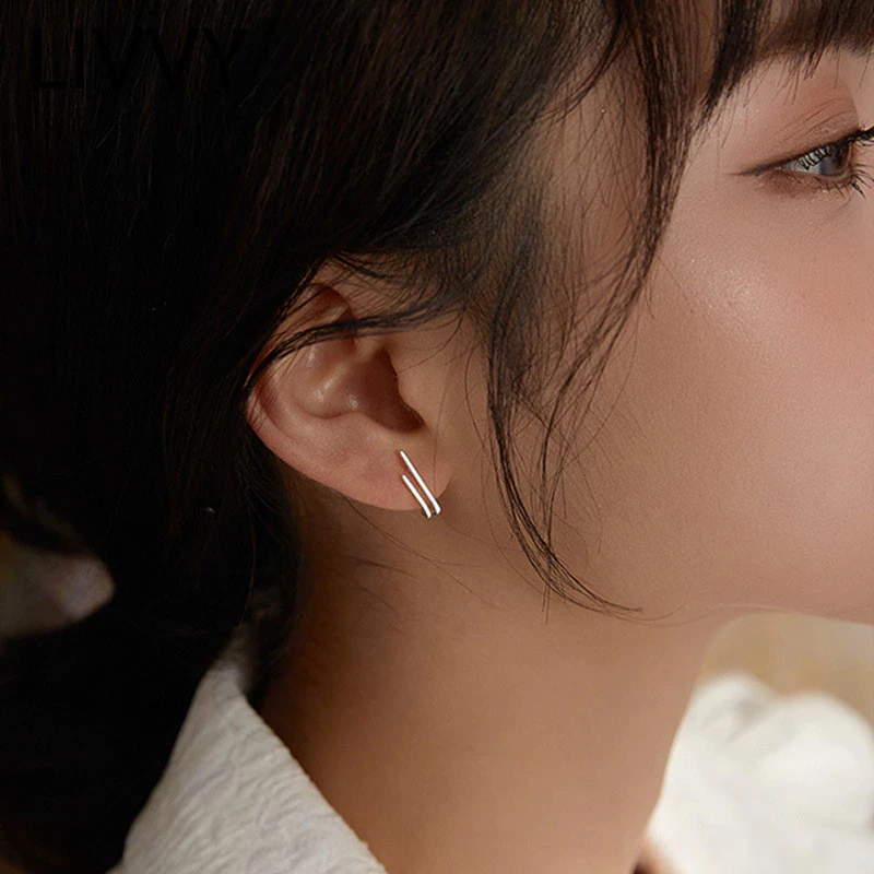 Silver Double-Line Half Cuff Stud Earrings