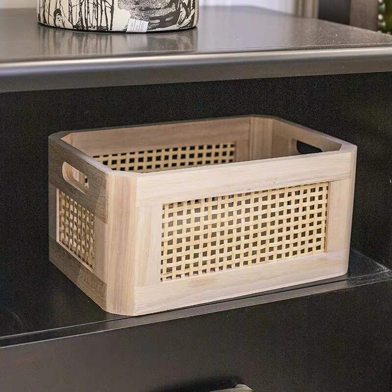 Wood Rattan Storage Basket