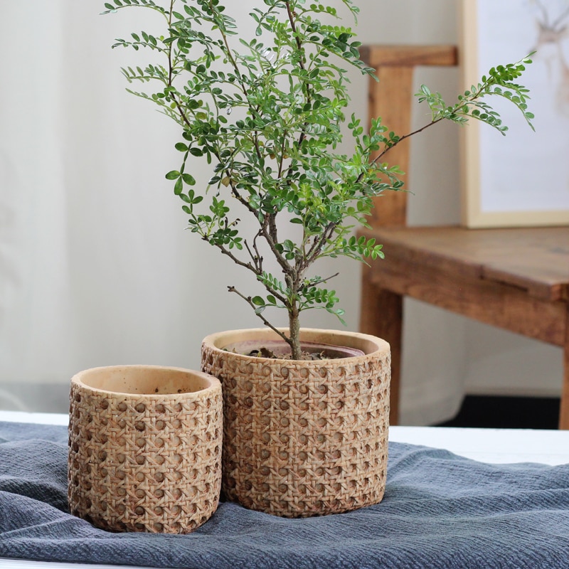 Concrete Moulded Rattan Look Flower Pot