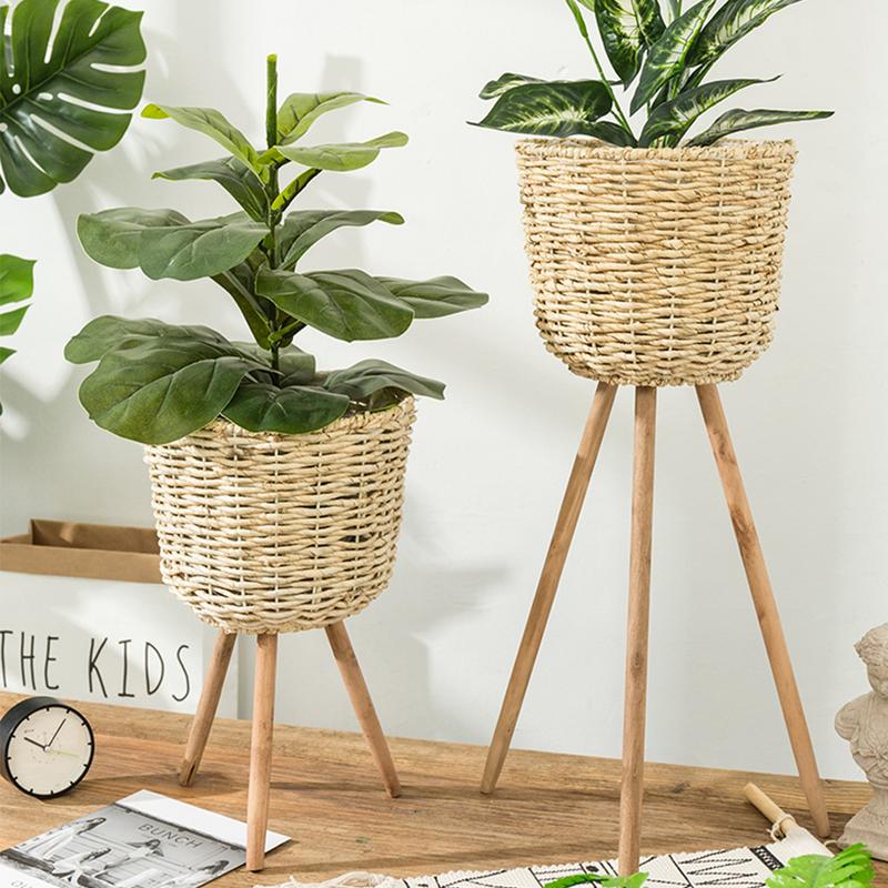 Straw Basket Plant Stand