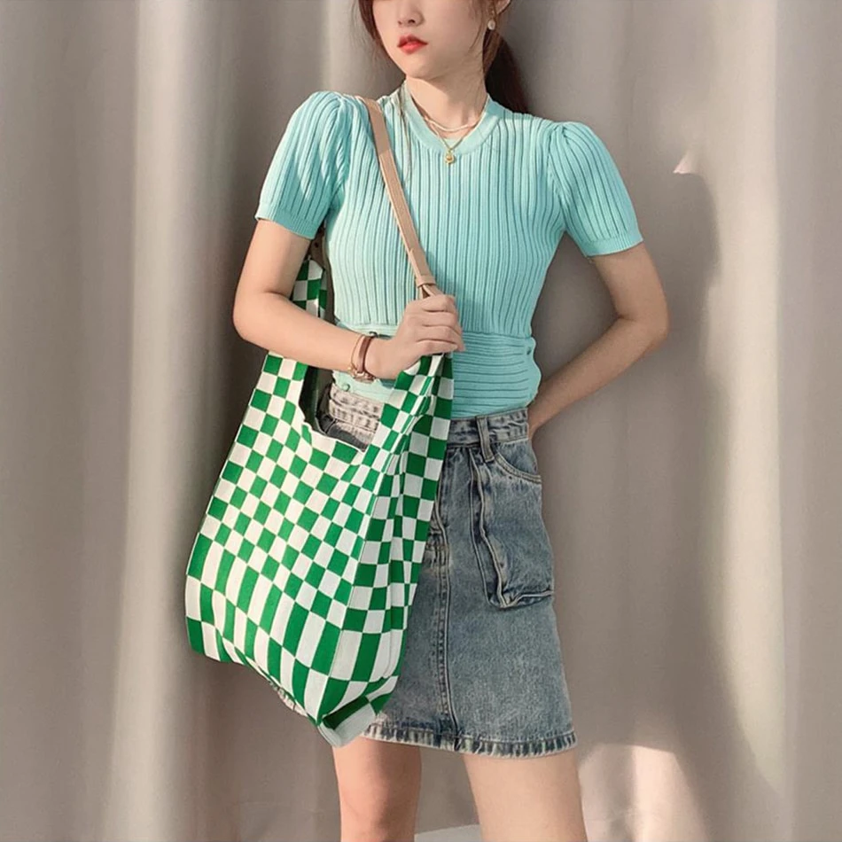 Checkerboard Knit Tote